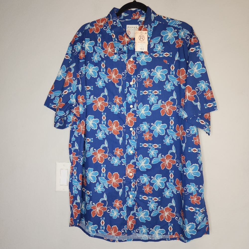 NWT Roper Pearl Snap Button Short Sleeve Shirt Mens Size 2XL XXL Blue Hibiscus